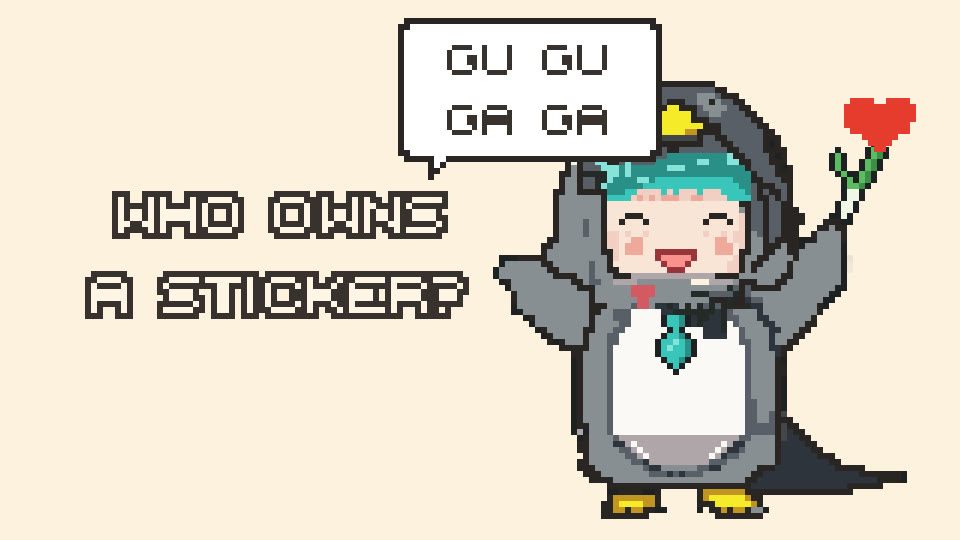 《Who Owns a Sticker?》封面：穿企鹅服的像素小人举着葱