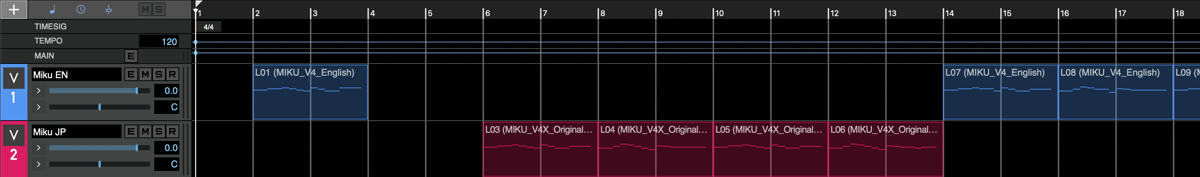 VOCALOID6 工程界面，英文和日文两条 Miku 音轨